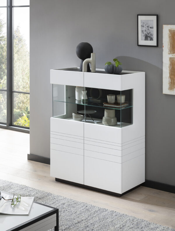 Vitrine mit Doppeltüren Weiß Matt / Applikation Schwarz