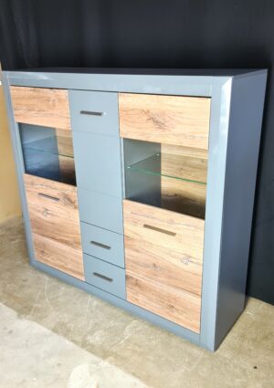 Highboard Anrichte in Grau Agave Hochglanz / Applikation Zinneiche Dunkel