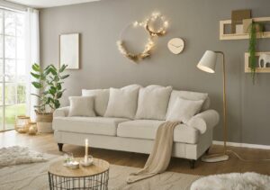 Sofa 3,5 Sitzer in Microfaser Elfenbein Landhaus Stil inkl. Kissen