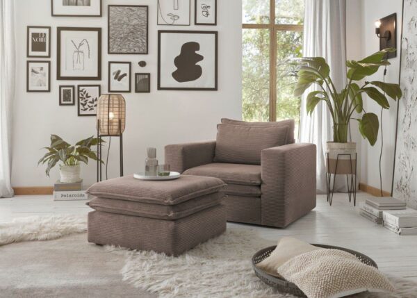 1 Sitzer Sessel mit Hocker Stoff Cord Velours Hellbraun inkl. Kissen