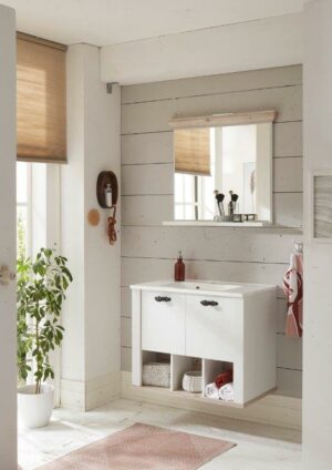 Waschtischunterschrank in Pinie Weiß Landhaus Stil mit Spiegel