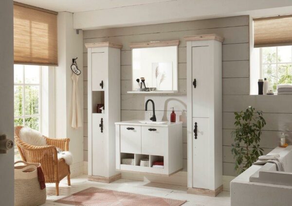 Badezimmer-Set 4 tlg. inkl. Waschbecken in Pinie Weiß Landhaus Stil mit Spiegel