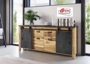 Sideboard Kommode Anrichte in Hunton Eiche Dekor / Anthrazit mit Scheunentorbeschlag