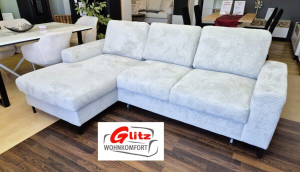 Sofa Couchgarnitur L-Form in Hellbeige inkl. Kissen, Schlaffunktion, Bettkasten