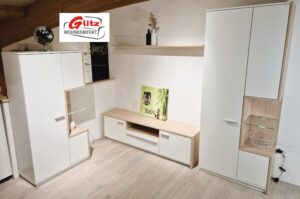 4 teilige Schrankwand Wohnwand in Weiß Matt / Skandi Eiche inkl. LED-Beleuchtung