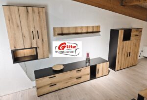 4 teilige Schrankwand Wohnwand in Evoke Eiche / Schwarz mit LED-Beleuchtung