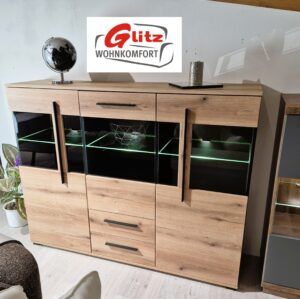 Buffet Highboard Kommode in Evoke Eiche / Applikation Schwarz