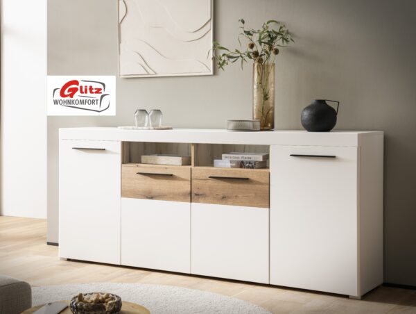 Sideboard Kommode Anrichte in Weiß Matt / Evoke Eiche Dekor