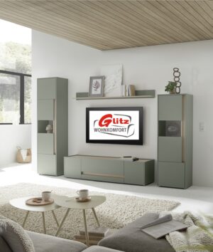 Schrankwand Wohnwand Set 4-tlg. Grün Aloe / Eiche Barista Dekor