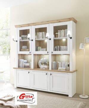 Highboard Anrichte Buffet in Pinie Weiß / Wotan Eiche Dekor inkl. LED
