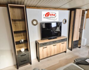 Schrankwand Wohnwand Set 3 tlg. in Evoke Eiche Dekor / Anthrazit