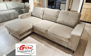 Sofa Couchgarnitur L-Form in Hellbraun Cord inkl. Kissen, Schlaffunktion, Bettkasten