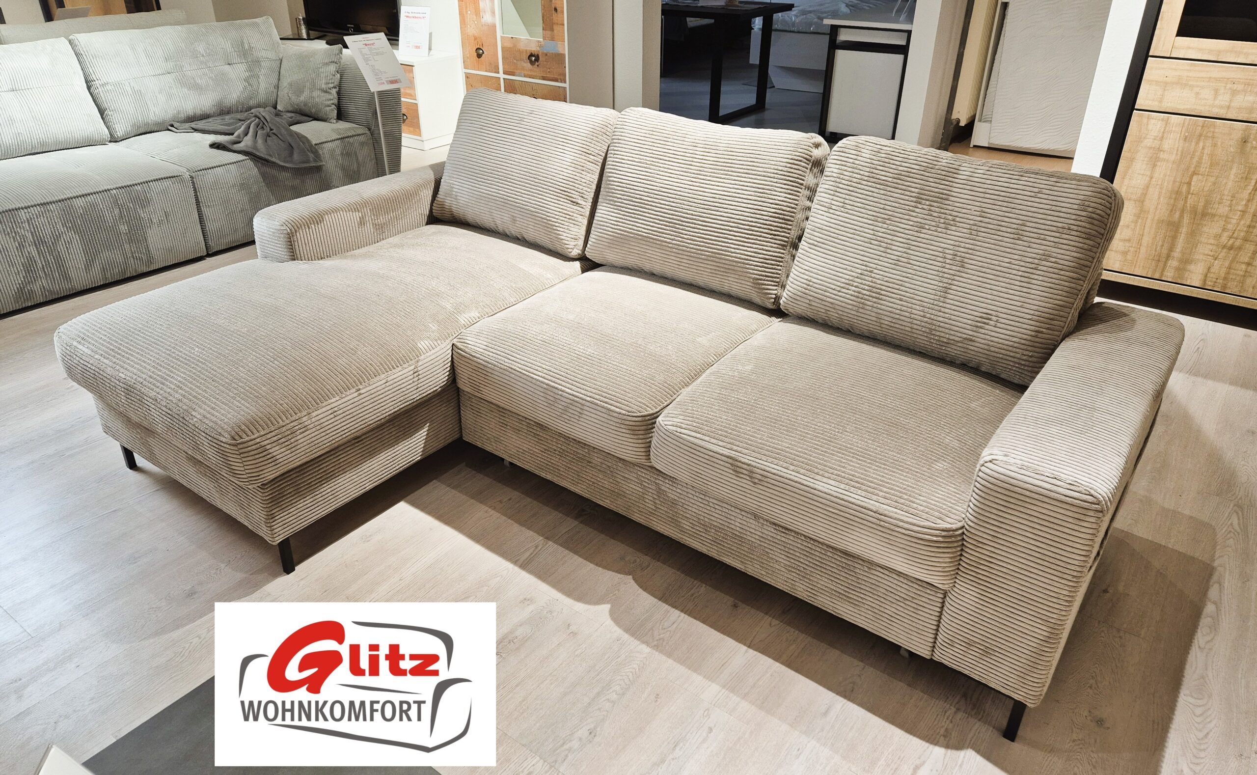 Sofa Couchgarnitur L-Form in Hellbraun Cord inkl. Kissen, Schlaffunktion, Bettkasten