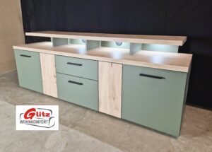Lowboard TV Schrank in Grün / Evoke Eiche Dekor inkl. LED Beleuchtung