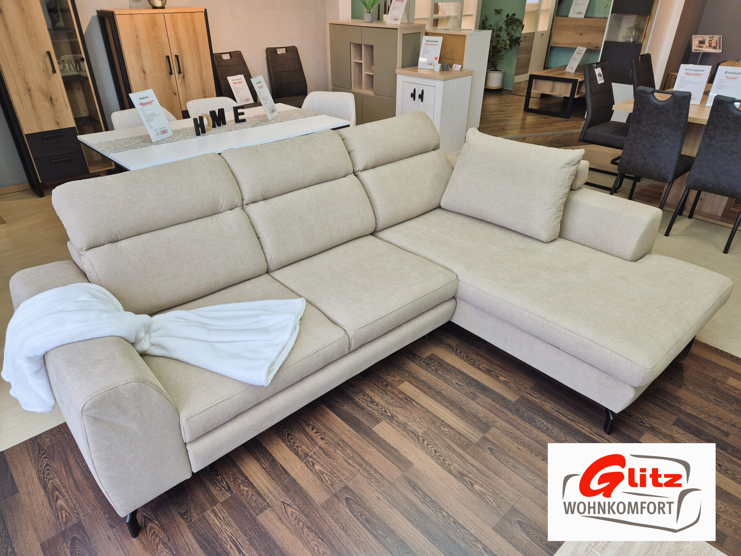 Sofa Couchgarnitur L-Form in Hellbraun inkl. Kissen, Schlaffunktion, Bettkasten