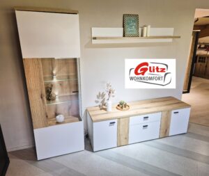 Schrankwand Wohnwand Set 3 tlg. in Weiß Matt / Eiche Struktur