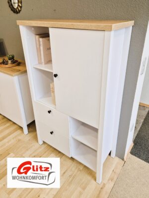 Kommode Anrichte Stauraum Schrank Landhaus Stil in Weiß Matt / Eiche Hell Dekor