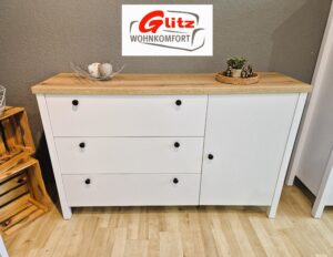 Sideboard Kommode Anrichte Landhaus Stil in Weiß Matt / Eiche Hell Dekor