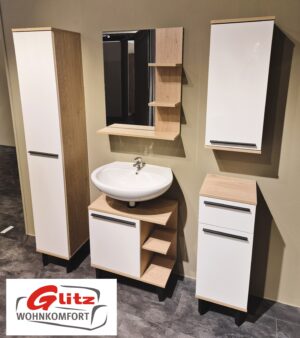 Badezimmer-Set 5 tlg. in Eiche Cremona Dekor / Hochglanz Weiß